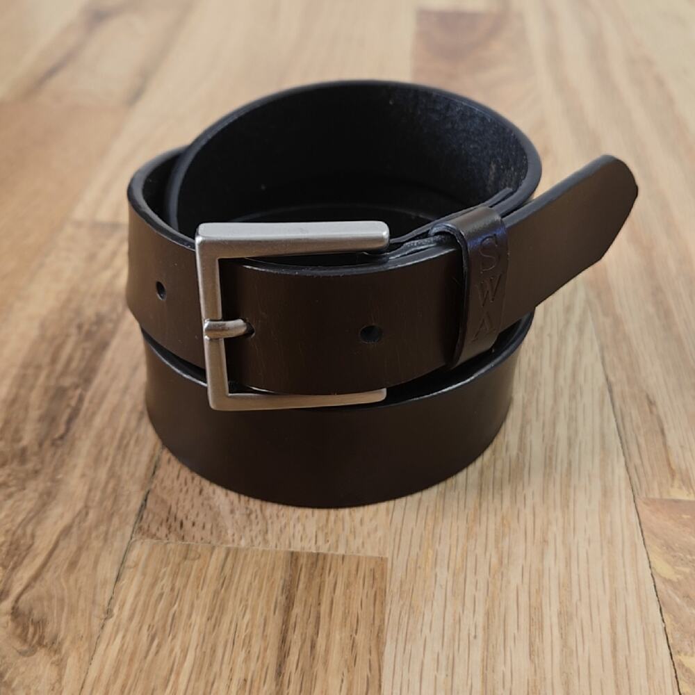S W A Men's Brown Leather Size 34 Belt Silver Tone Buckle